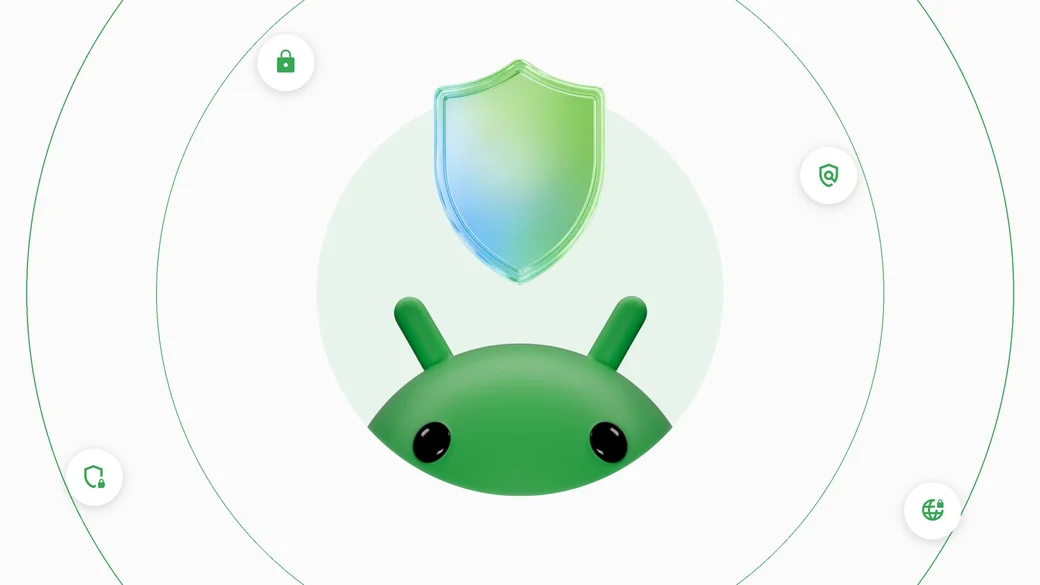 The Android robot under a glass shield, surrounded by security icons