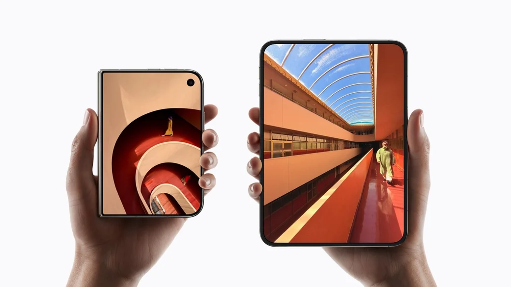 Two hands holding iPhone Duo: one folded, showing the outer display, and one unfolded, showing the larger inner display
