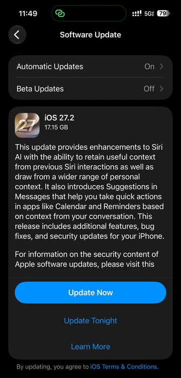 The iOS 27.2 update in Software Update on an iPhone: a 17.15 GB download with Apple's release notes and Update Now and Update Tonight buttons
